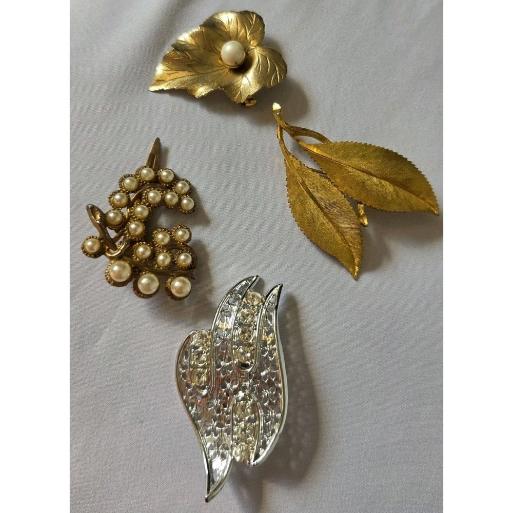 Vintage Sarah Coventry Leaf Pearl Brooch, BSK Double Leaf And 1 Cos Pearl 1 Bird